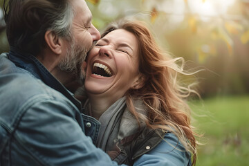Fototapeta premium Portrait of excited middle-aged woman is laughing from the joke which man telling her. They are relaxing in the nature and hugging