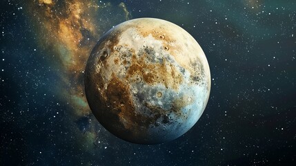 Obraz premium An Earth-like planet with vivid colors and striking surface details floats serenely in the deep space, with distant stars and galaxies enhancing the cosmic beauty.