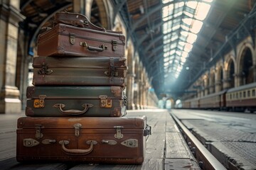Vintage Suitcases on a Train Platform