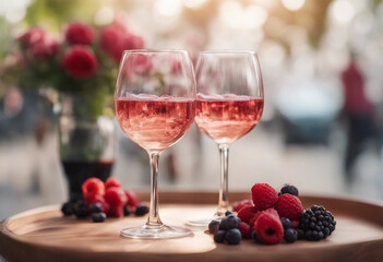 Rose wine in a crystal glass with a fresh berry garnish in a chic outdoor cafe