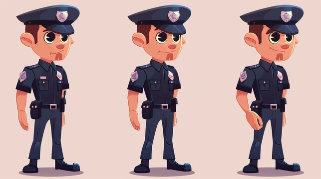 A cartoon police officer character is shown in full uniform, posing confidently with a determined expression, illustrating the role of law enforcement in a fun and approachable manner.
