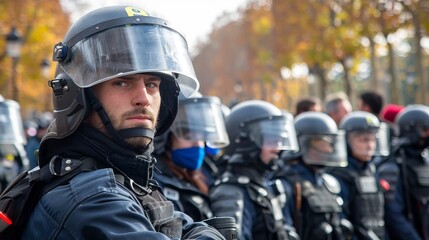 A close-up of a stern-looking riot police officer in full protective gear with other officers in the background, showcasing law enforcement presence during a protest.