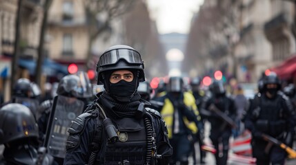 A group of riot police officers in full gear, including helmets and body armor, monitor a public protest in an urban area, maintaining order and ensuring public safety.