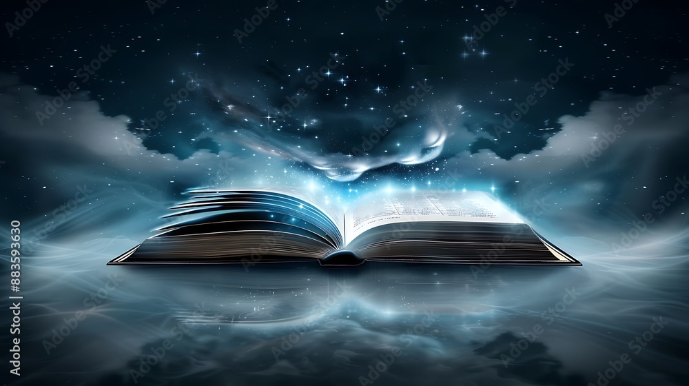 Poster high resolution images an open book with glowing pages, representing the power of storytelling and i