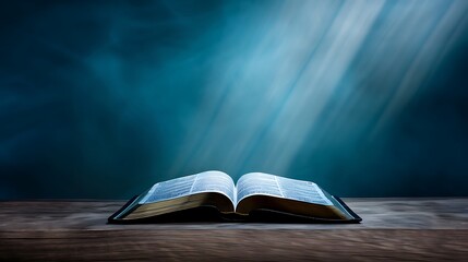 Open bible shining with rays of light illuminating the room