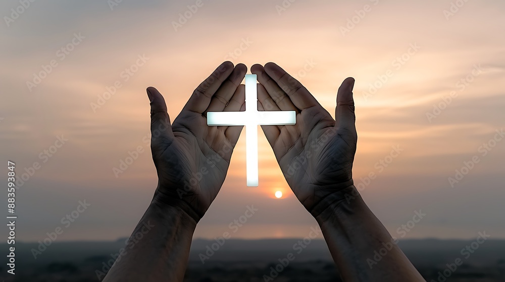 Poster high resolution images a pair of hands reaching towards the sky, holding an illuminated cross symbol
