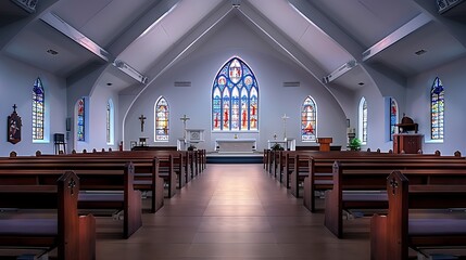 High resolution images Blurred background of an old church interior with stained glass windows and pews, creating a dreamy bokeh effect for the background image. The focus is on capturing the serene