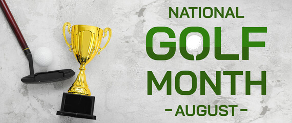 Gold cup with golf club and ball on grunge background