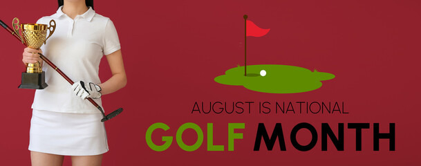 Female golfer with gold cup on red background