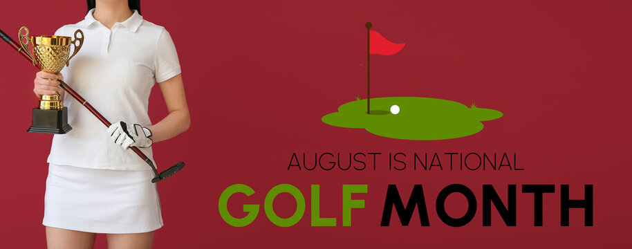 Female golfer with gold cup on red background