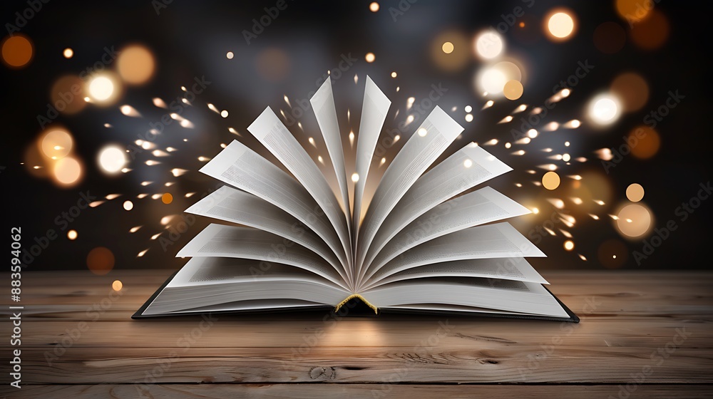 Aufkleber high resolution images an open book with pages turning, floating in the air against a blurred backgr