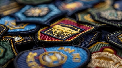 A close-up shot of a variety of colorful embroidered police patches, highlighting the detailed craftsmanship and diverse designs representing different police units.