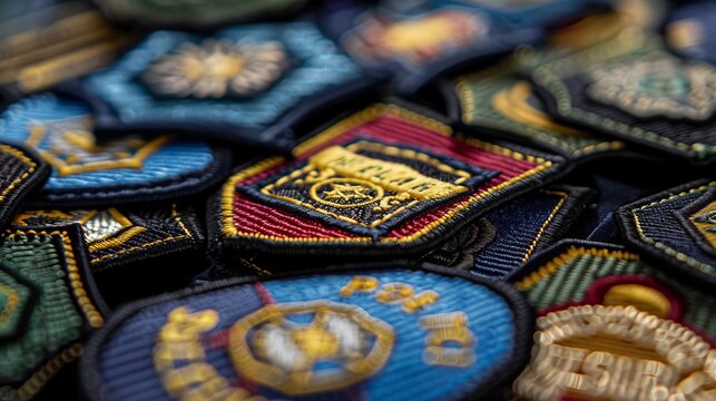 A close-up shot of a variety of colorful embroidered police patches, highlighting the detailed craftsmanship and diverse designs representing different police units.