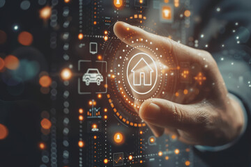 Businessman's hand pointing at icons of house, car, financial, digital graphic concept.