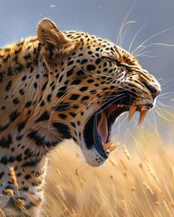 Angry leopard roaring showing its teeth in the savanna