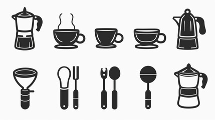 Obraz premium A collection of coffee cups and pots paired with related tools and utensils, depicted in an illustrative black-and-white style, catering to coffee enthusiasts and home baristas.