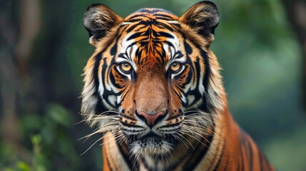 Fototapeta premium A mesmerizing close-up shot of a tiger, its intense gaze fixed on the camera, showcasing the majestic beauty and power of this magnificent wild animal surrounded by nature.