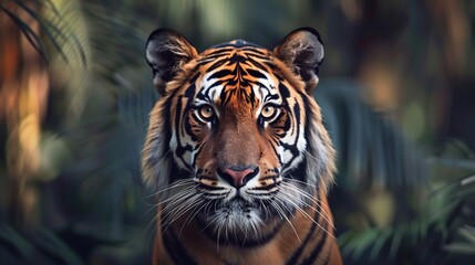 Fototapeta premium A majestic tiger with intense eyes stands amidst lush green foliage, showcasing its regal demeanor and natural power, capturing the essence of wilderness and strength.