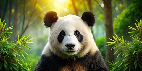 Fototapeta premium Majestic giant panda in natural habitat, giant panda, black and white, bamboo forest, China, endangered species