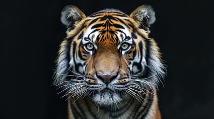 Naklejka premium An intense and focused portrait of a tiger staring directly at the camera, emphasizing its majestic and wild nature, with a detailed view of the face and ear markings.