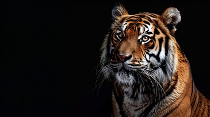 A captivating side profile shot of an expressive tiger with a dark contrast, showcasing the animal's sharp features, majestic appearance, and deep gaze, rendering a sense of awe.