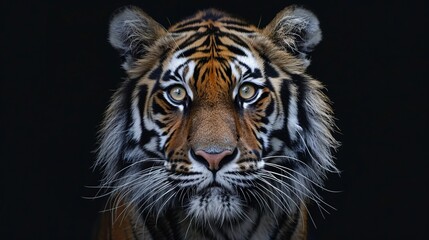 A mesmerizing portrait of a tiger with piercing eyes against a dark backdrop, capturing the essence of power and grace, with detailed facial markings and dense fur.