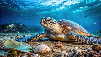 Obraz premium A sea turtle resting on ocean floor surrounded by pollution debris , marine life, sea turtle, ocean