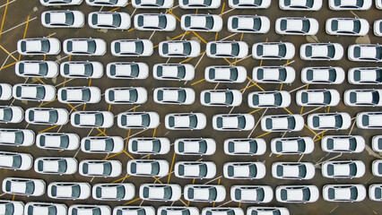 Cars leaving the factory are waiting at the port for international trade