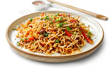Board and plate of tasty Chinese noodles with on white background.