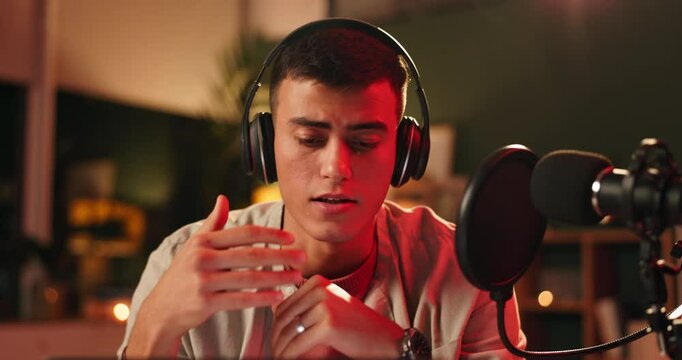 Microphone, headphones and content creator on podcast, recording and media broadcast with web radio host. Live streaming, influencer and man with mic, internet interview or discussing with technology