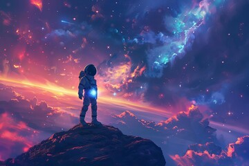Obraz premium A child astronaut holding a glowing big trophy, standing on a floating rock amidst a swirling nebula