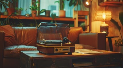 Vintage Record Player on Wooden Table in Cozy Living Room