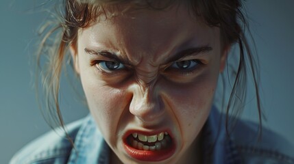 A young woman with an intense facial expression and angry glare, showing strong emotions and raw intensity in a dramatic close-up. Her face exudes rage and defiance.