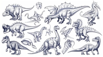 A blue-tinted artwork illustrating various dinosaur species, highlighting their physical attributes and differences in a meticulously detailed fashion.