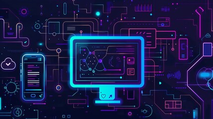 A vibrant digital interface displaying complex data on multiple screens, highlighting the intricacies of modern technology through bright neon lights and graphical elements.