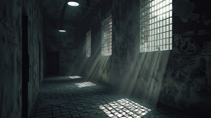 A stark prison hallway with light streaming in through barred windows, illuminating the rough concrete walls and floors, evoking themes of isolation and confinement.