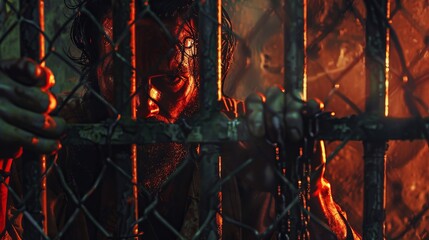 A man is depicted gripping a chain link fence in a fiery and intense prison scene, illuminated with vivid red and orange lighting, symbolizing raw emotion and turmoil.