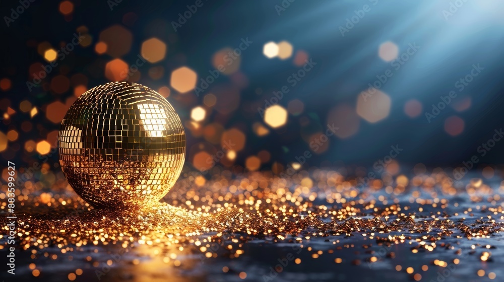 Poster gleaming disco ball with lights on radiant abstract background in a dazzling display