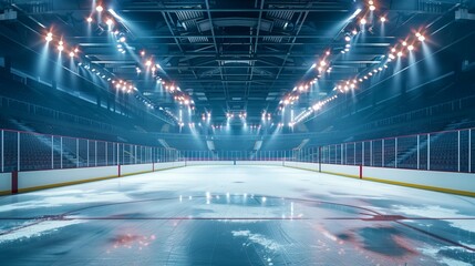 An empty ice hockey rink is shown under bright, even stadium lights, reflecting the anticipation and ready state of the arena before a thrilling hockey game begins, setting the stage for raw, energet