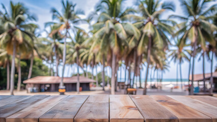 Fototapeta premium Beautiful blurred coconut tree background with rustic wooden table top providing ample copy space for product display and branding design elements.