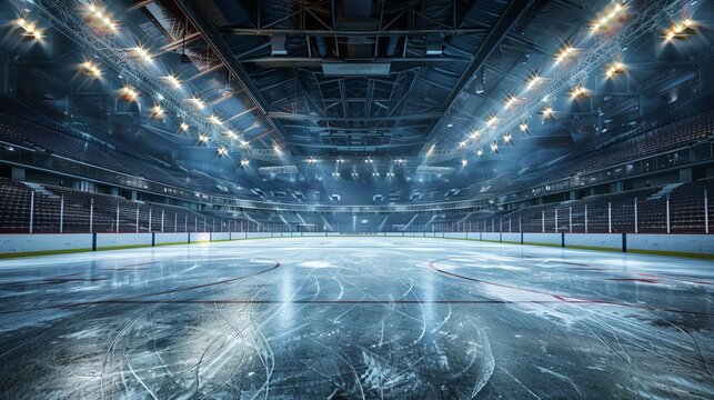 An empty ice hockey rink with bright stadium lights illuminating the scene, showcasing the clear ice and the well-maintained arena ready for an upcoming game or practice.
