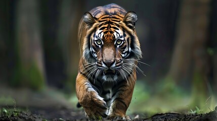 Fototapeta premium A powerful close-up image capturing a tiger in mid-stride as it runs through a forest, highlighting its strength and agility in a natural, dynamic environment.