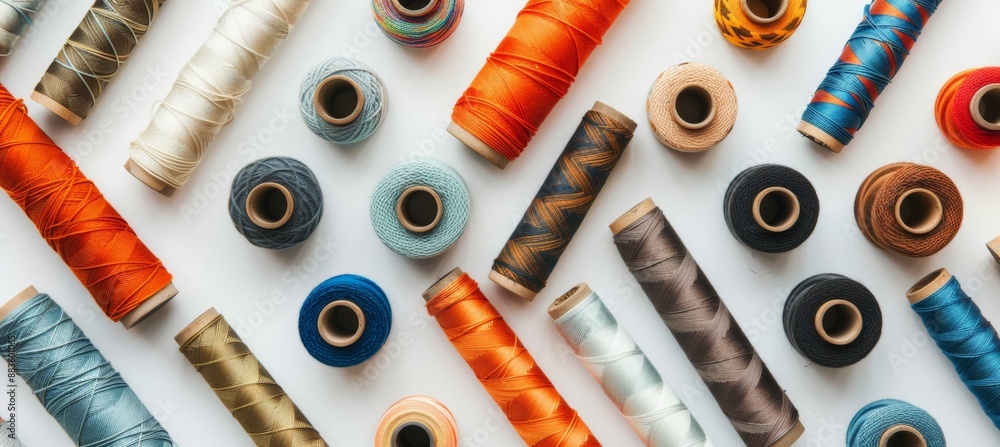 Poster vibrant yarn rolls grid on white backdrop with ample negative space for text placement