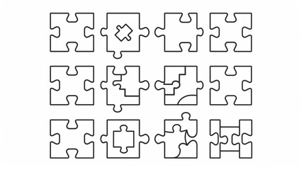 This image showcases a set of sixteen jigsaw puzzle pieces, each with distinct shapes and intricate cutouts, perfect for assembling into a complete picture or design.