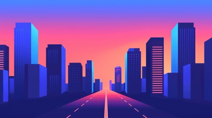 Colorful cityscape at sunset featuring tall skyscrapers and a central road, creating a vibrant and modern urban scene.