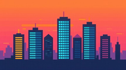 Illustration of a modern city skyline against a vibrant sunset backdrop, featuring illuminated skyscrapers and colorful hues.