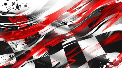 A vivid abstract artwork with dynamic red, black, and white colors depicting a high-energy racing-theme with a modern and stylish vibe, capturing motion and excitement.