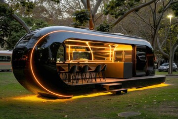 A black trailer parked in grass with nearby auto lighting and vehicle details