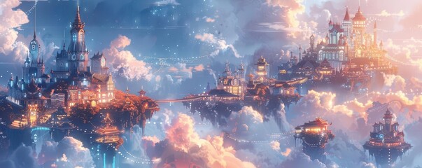 An ethereal fantasy world, bustling cryptocurrency markets, enchanting castles, neon-lit stalls, floating islands, vibrant skies, in intricate watercolor detail