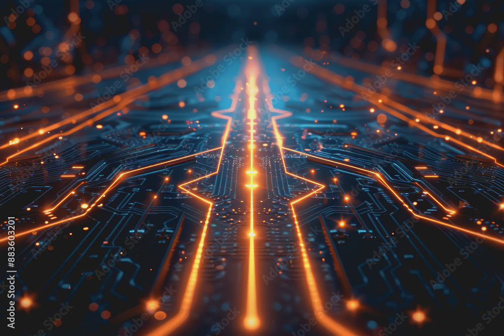 Poster a computer circuit board, with some arrows pointing forward and up, rising, tech background.